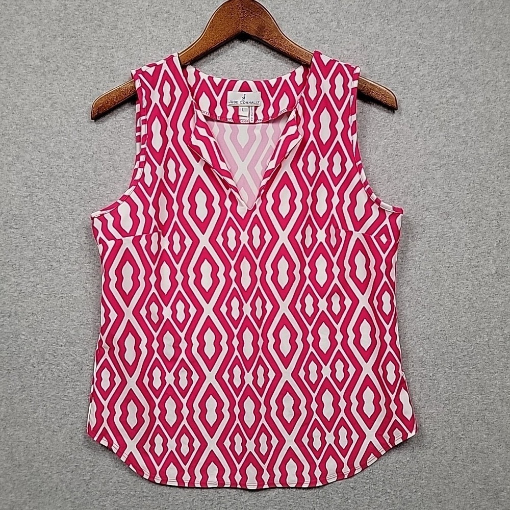 JUDE CONNALLY Womens Sz Large Tank Top Pink White Geometric Sleeveless Neck Golf